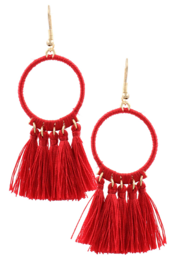 Threaded Hoop Tassel Earrings - Red