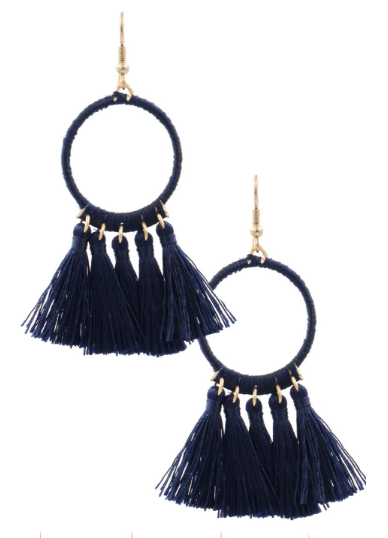 Threaded Hoop Tassel Earrings - Black