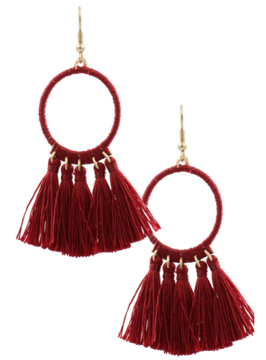 Threaded Hoop Tassel Earrings - Burgundy