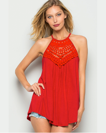 Mia Crochet Lace Boho Top - Red