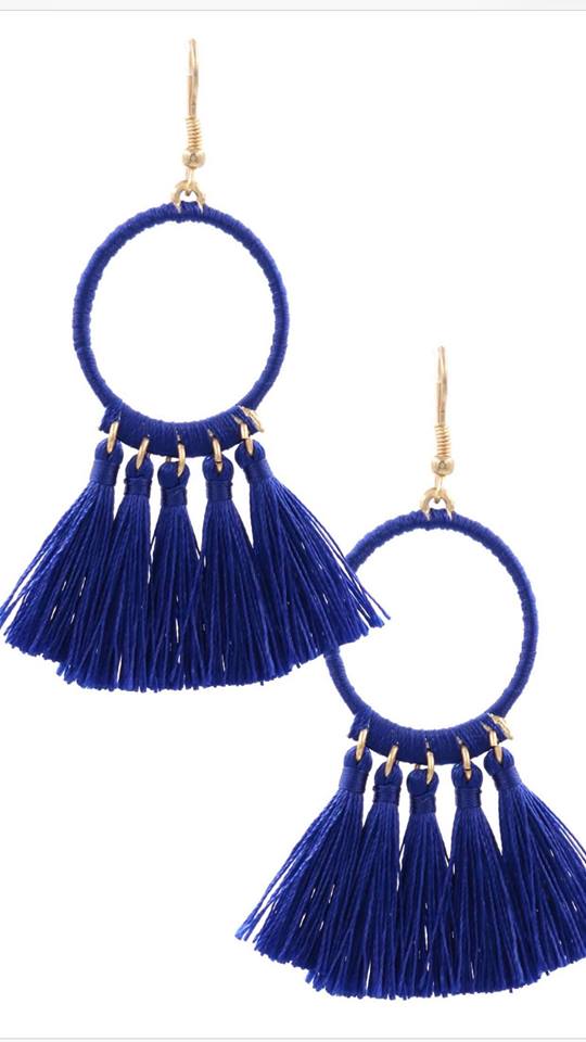 Threaded Hoop Tassel Earrings - Sapphire