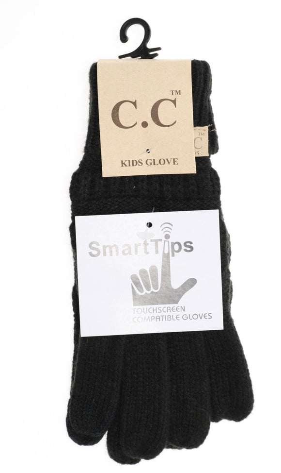 Kids Solid Cable Knit Gloves - Black